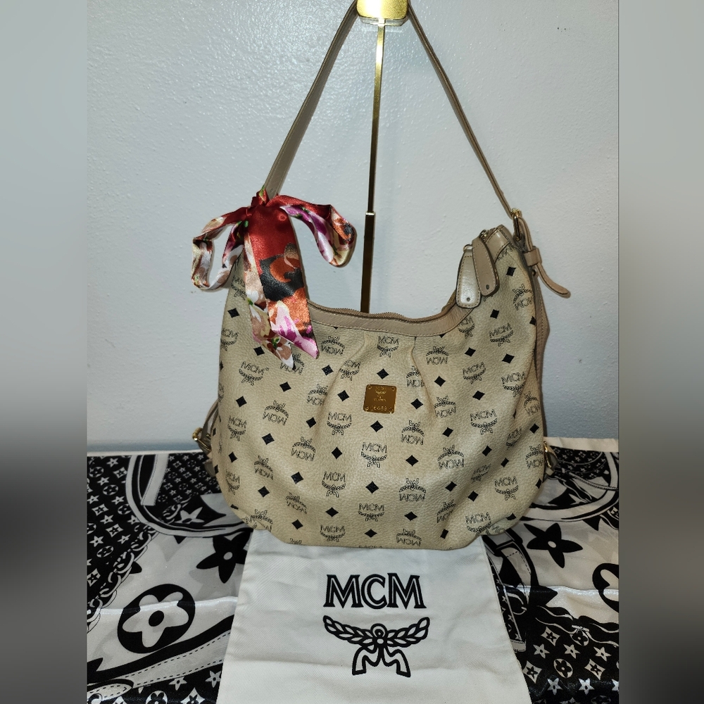 MCM Tan Monogram Shoulder Bag with Floral Scarf